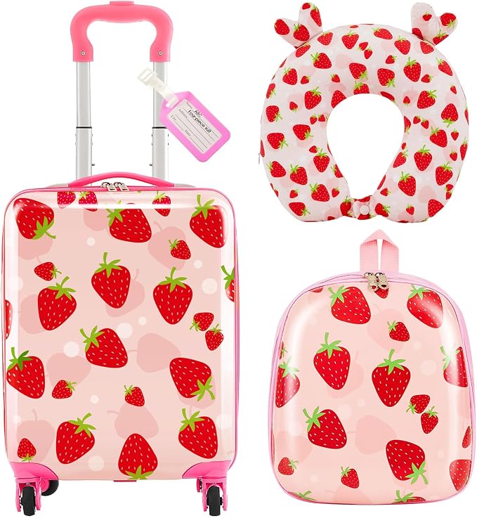 Sanwuta 4 Pcs Kids Luggage Set Back to School Gifts for Girls Boys Carry On Rolling Suitcase Backpack Neck Pillow Travel Set(17 Inch,Strawberry Style,Light Pink) by Sanwuta