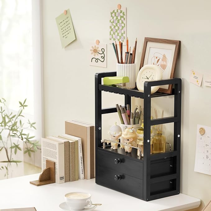 AmazerBath Bamboo Bathroom Countertop Organizer, 2-Tier Makeup Organizer with 2 Drawers, Vanity Organizer Storage Coffee Matcha Station, Compact Shelf for Bathroom Kitchen Office, Black - Image 2