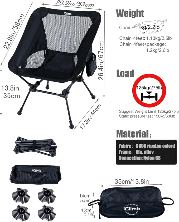 iClimb Ultralight Compact Camping Folding Beach Chair with Anti-Sinking Large Feet and Back Support Webbing (Black - Square Frame - 2PC) - Image 3