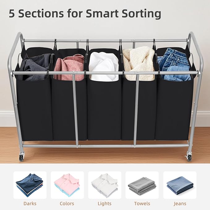 STORAGE MANIAC 5 Section Laundry Sorter, 5 Bins Rolling Separator Laundry Basket, Dirty Clothes Hamper Divider with Heavy Duty Lockable Wheels, Large Clothes Organizer Cart, Black - Image 5