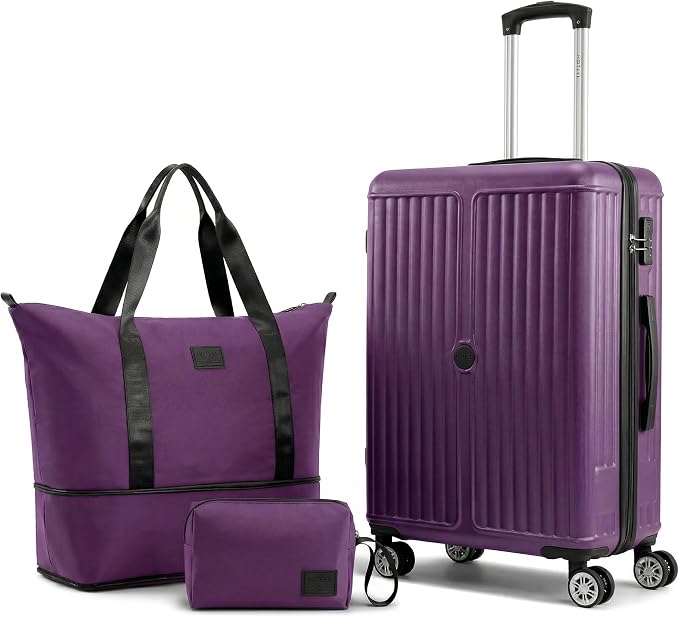 Hoteel 20 Inch Luggage Set 3 Piece, Hardside Carry On Suitcase with TSA Lock and Spinner Wheels, Includes Expandable Duffel Bag and Toiletry Bag, Lightweight ABS+PC, Purple by HOTEEL