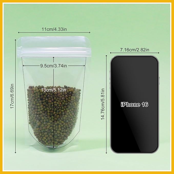 SumDirect Clear Zipper Resealable Stand Up Drink Bags Pouches,Snack Packing Bags for Food Snack Tea and Drinking, 4.3x6.7 Inches,6.8oz,200ml,Pack of 100 - Image 2