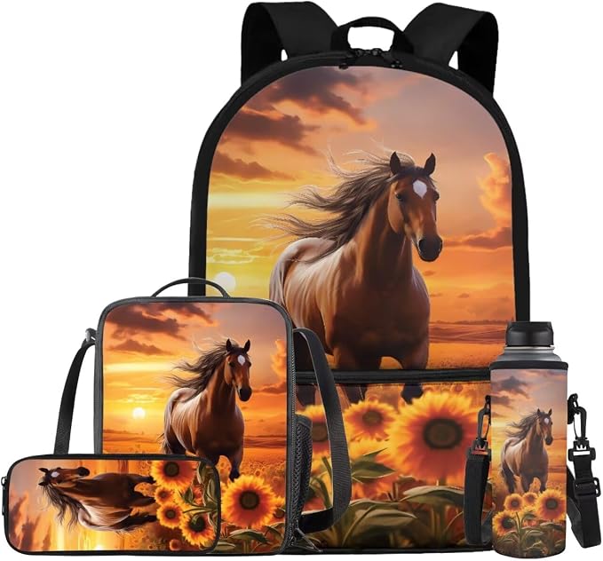 Sunflower Horse Backpack for Girls Kids Backpack with Lunch Box Water Bottle Carrier with Strap and Soft Pencil Case 4PCS Set Bookbag with Front Pocket for School Teens 17" Large School Bag by ELEDIZI