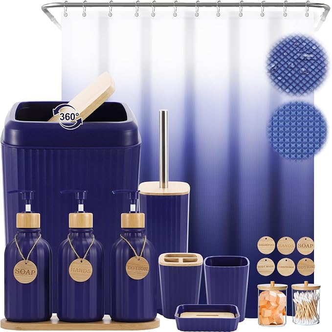 XLHOMO 30PCS Navy Blue Bathroom Accessories Set with Waffle Shower Curtain,Trash Can,3PCS Lotion Soap Dispenser, Toothbrush Holder, Soap Dish,Tumbler Cup,6PCS Wood Tags Bath Accessories with Tray by BetterbathroomwithXLHOME