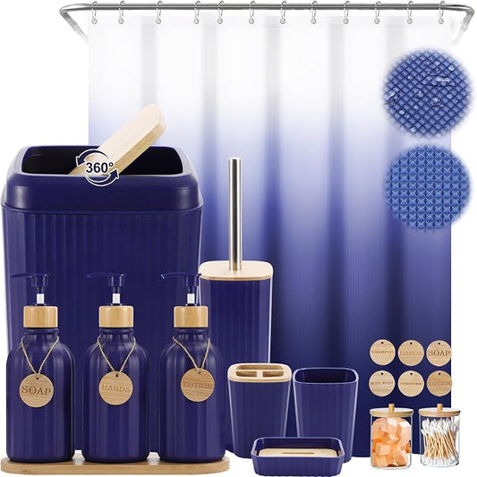 XLHOMO 30PCS Navy Blue Bathroom Accessories Set with Waffle Shower Curtain,Trash Can,3PCS Lotion Soap Dispenser, Toothbrush Holder, Soap Dish,Tumbler Cup,6PCS Wood Tags Bath Accessories with Tray by BetterbathroomwithXLHOME