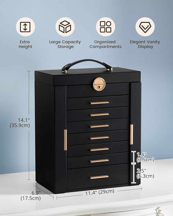Lolalet Large Jewelry Box Organizer for Women, 8-Layer Jewelry Organizers and Storage Case with Mirror & 7 Drawers, Lockable Watch Ring Earring Bracelet Necklace Holder Girls Gift -8Layer, Black - Image 3