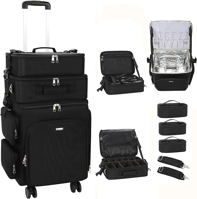 Relavel Rolling Makeup Case, 3 in 1 Hairstylist Traveling Bag Cosmetology Case on Wheels Large Hair Tools Cosmetics Train Case Makeup Artist Storage Organizer Trolley Suitcase with 360° Swivel Wheels by Relavel