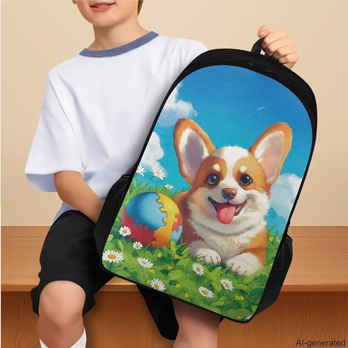 Cute Corgi Backpack for School Girls Backpack with Lunch Box Water Bottle Holder and Soft Pencil Case 4PCS Set 17" Large Bookbag with Compartments Lightweight Elementary School Bag for Kids - Image 3