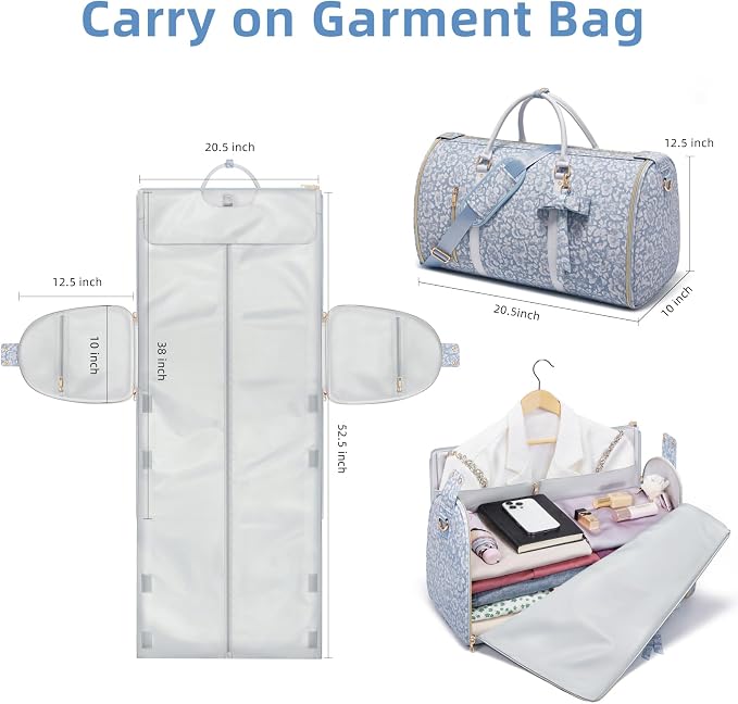 Travel Garment Bag for Women, Foldable Carry On Garment Duffle Bag 20.5x10x12.5 Inch, Convertible Overnight Bags with Shoe & Toiletry Pockets for Business Trip, Vacation, Party, Blue-White - Image 4