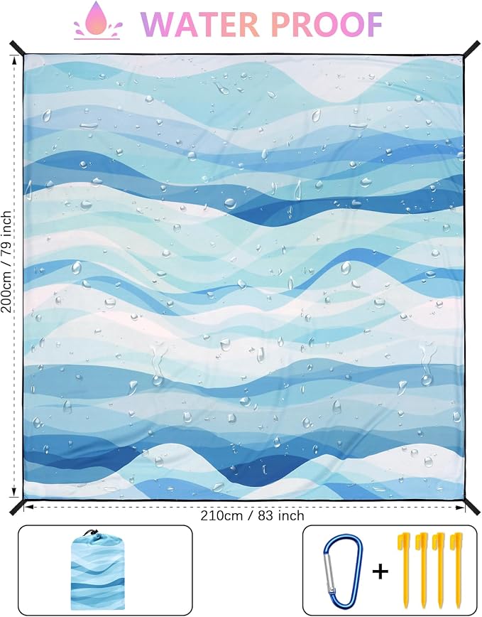 HIHOHO Beach Blanket Waterproof Sandproof Beach Mat for 1-8 Adults Quick Drying Durable Outdoor Picnic Mat for Beach Festival Travel Camping Hiking (Ocean Wave-Multi Blue, 79"×83"(4 Person)) - Image 2