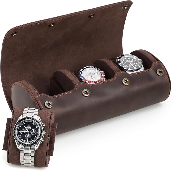 Genuine Leather Watch Roll Travel Case,3 Slots Vintage Full Grain Leather Watch Box with Pillow for Men,Watch Storage Organizer for Home Storage,Gifts by UPRESYE