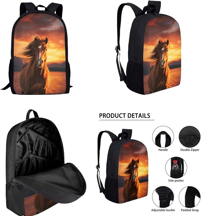 Horse Backpack with Lunch Box Kids Girls 6-8/8-10 Sunset Elementary School Bookbag for 4th Grade Primary Book Bags Lunch Bag Pencil Case Water Bottle Holder 4 in 1 Set Preschool Back Pack - Image 2