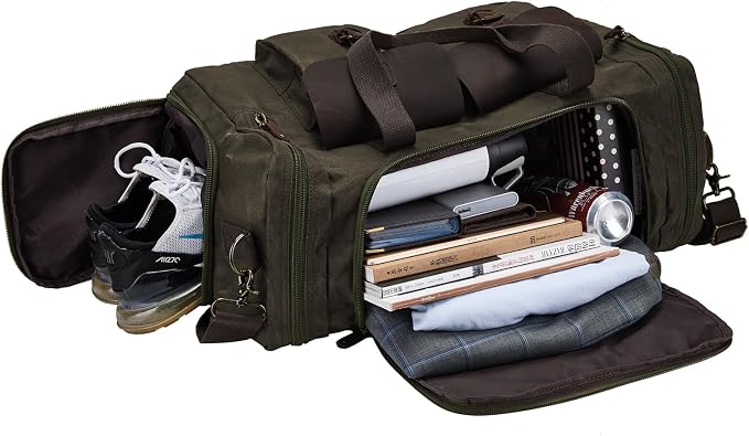 Waxed Canvas Duffel Bag with Shoe Compartment | Waxed Canvas Travel Bag for Men, Genuine Leather Trim, Shoe Compartment, Front Pockets, Weekend, Overnight and Carry-On Use - Image 2