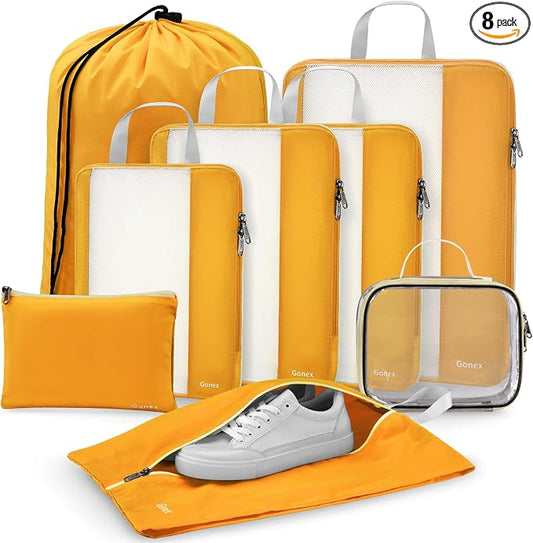 Gonex 8 Set Expandable Mesh Packing Cubes for Travel - Compression Packing Organizers with Toiletry, Laundry, Shoe & Cable Bags - Orange by Gonex