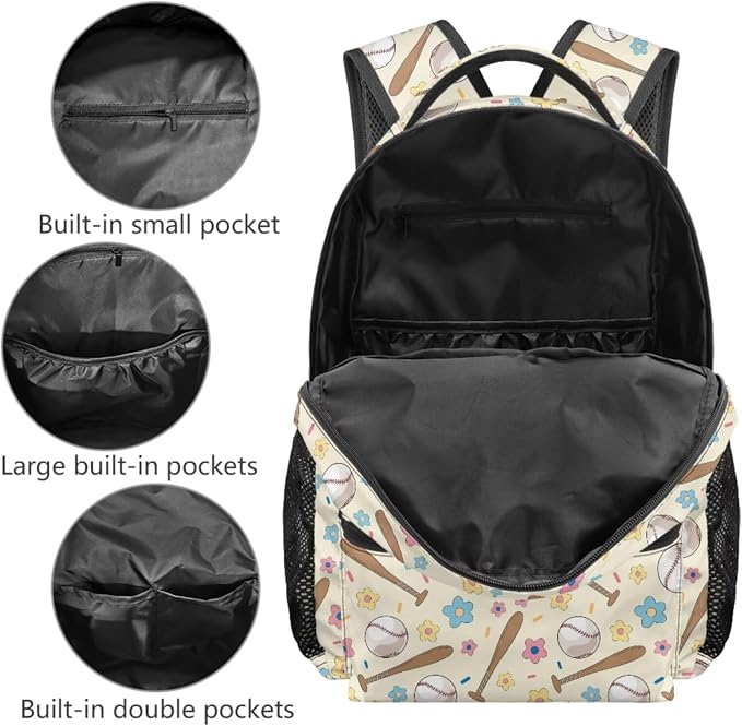 Donut Glove Baseball 4-in-1 Backpack Set with Lunch Box, Pencil Case & Dinosaur Charm for Girls Ages 8-10 3rd 4th Grade Kids Back to School Bag 17 Inch Sports Backpack - Image 3