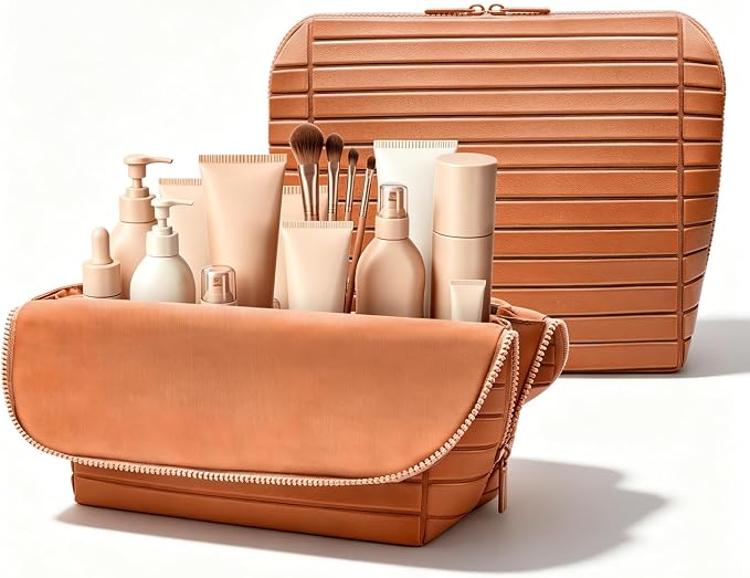 Travel Makeup Organizer Bag with Fold-Down Design and Adjustable Dividers, 27 Pockets & 3 Brush Storage Holders, Large Capacity Cosmetic Bags Toiletry Case (Brown, Large) by Unknown