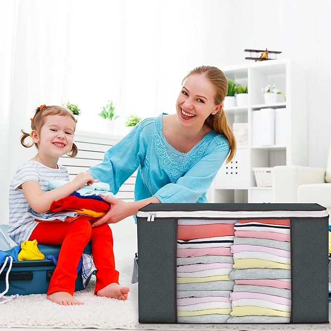 Large Storage Bags, 8 Pack Clothes Storage Bins Foldable Closet Organizers Storage Containers with Durable Handles Thick Fabric for Blanket Comforter Clothing Bedding 90 L (Gray) | Foldable Storage Containers, with Reinforced Handle, for Clothing, Blan... - Image 6