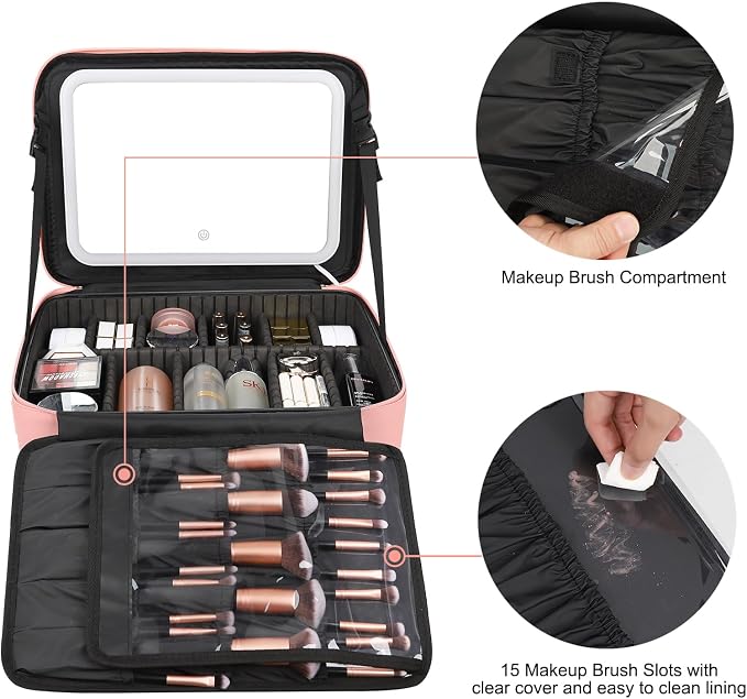 Chomeiu Makeup Bag with LED Mirror, Large Train Case for Makeup Artists, 16.2 inches Travel Professional Cosmetic Organizer with Light Up Mirror, 3 Color Lights, Brush Holder & Shoulder Strap (Pink) - Image 3