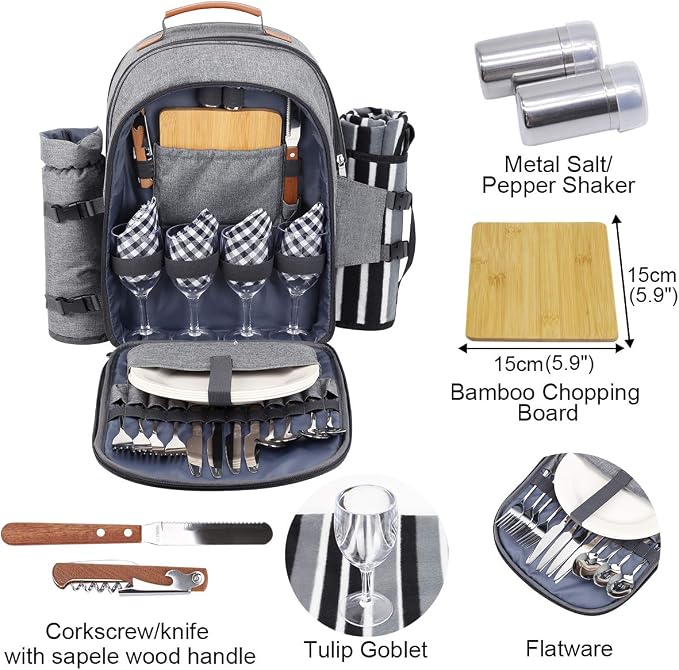 Sunflora Picnic Backpack for 4 Person Set Pack with Insulated Waterproof Pouch for Family Outdoor Camping (Gray) - Image 3