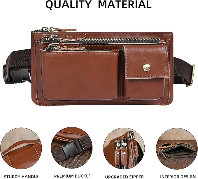 Water Resistant Canvas + Leather Hiking Riding Travel Fanny Waist Pack Small Phone Pouch For Men Women FB811-29 (100% Leather-C-Wine) - Image 5