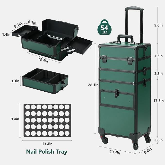 Somduy Rolling Makeup Case with Drawer, Makeup Train Case, 4 in 1Cosmetology Case on Wheels, Christmas Gift, Large Makeup Case Organizers, Profesional Cosmetic Case for Salon Barber, Green - Image 6