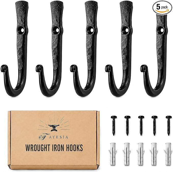 CRUIFU Wall Mount Coat Hooks – Handmade Wrought Iron J-Hooks with Screws & Wall Anchors for Kitchen, Bedroom, Bathroom - Single Prong Door Hooks for Hanging Towels Bags Hats (Set of 3, Straight) by Fayesia