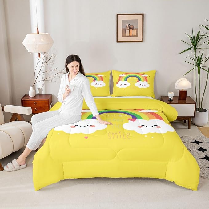Erosebridal Rainbow Quilted Comforter Twin Size, Kawaii Comforter Set Love Heart Bedding Set Cartoon Rainbow Iridescent Down Comforter,2 Pcs One Bed Comforter and One Pillowcase in One Bag, Yellow - Image 3