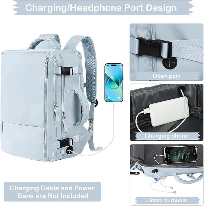 Hanples Large Travel Backpack for Women, 35L Carry on Luggage Backpack,17 Inch Laptop Backpack with USB Charging Port, Waterproof Casual Bag Gift for Men with 2 Toiletry Bags (Light Blue) | 35L Carry on Backpack, TSA Flight Approved Anti Theft Travel B... - Image 7