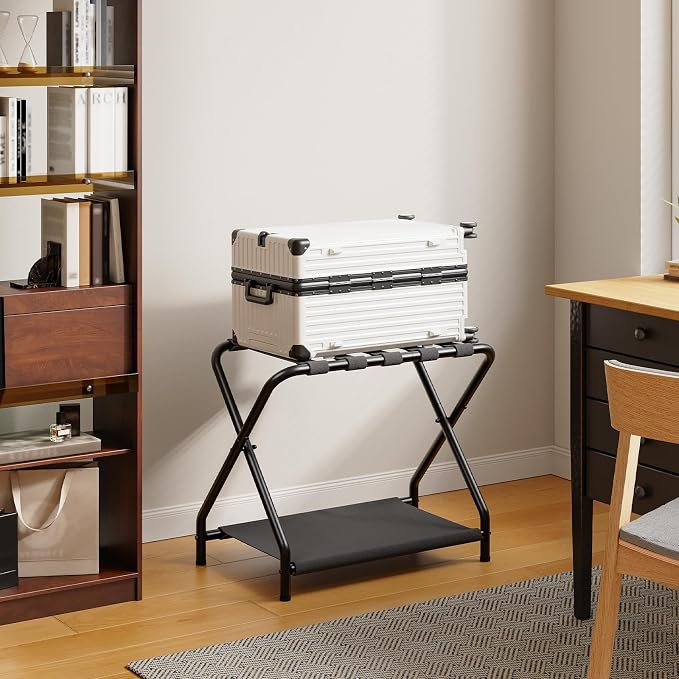 HOOBRO Luggage Rack, Folding Suitcase Stand with Fabric Storage Shelf for Guest Room, Bedroom, Hotel, Holds up to 100 lb, 27 x 15.3 x 22 Inches, Space Saving, Black BK04XL01 - Image 4