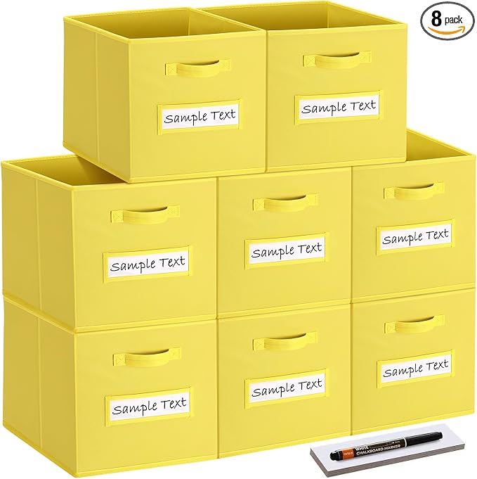 Fabric storage cubes (8 Pack) 11 Inch Cube Storage Bin, cube organizer bins with 8 Labels Window Cards & a Pen, Foldable cube organizer bins and Storage Box, Dark Yellow by Artsdi