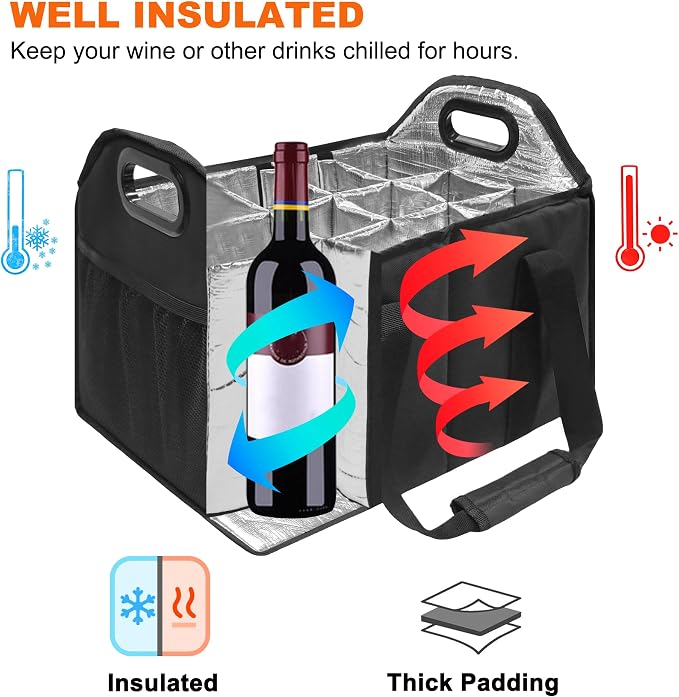 12 Bottle Wine Carrier Collapsible Bottle Caddy with Handles Storage Box for Travel Picnics Weddings Shopping Wine Tasting (Black) - Image 6