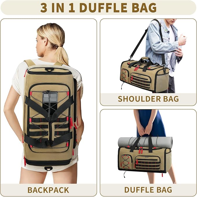 Bosstin Gym Bag for Men & Women,45L Travel Duffle Sports Duffel Bag Gym Weekender Overnight Backpack with Shoe Compartment (Khaki) - Image 5