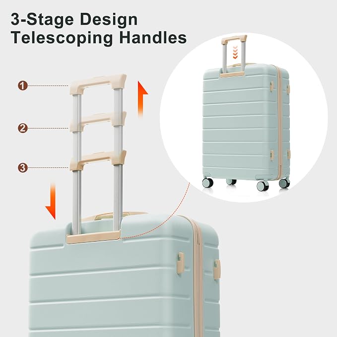 Hardside Luggage Sets, Lightweight Stripes Suitcase with Spinner Wheels, Grey Green 6pcs - Image 5