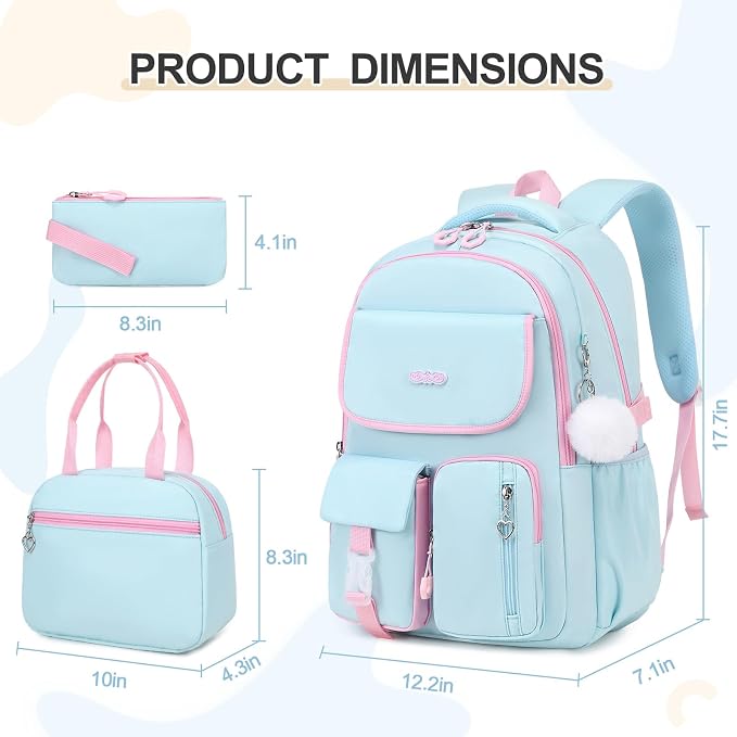 DIGOBAY Backpacks for Girls, 3PCS School Backpack with Lunch Box Pencil Pouch for Teen Girls Kids Elementary Primary Middle High College Travel School bag Bookbag Set Aquamarine-pink - Image 2