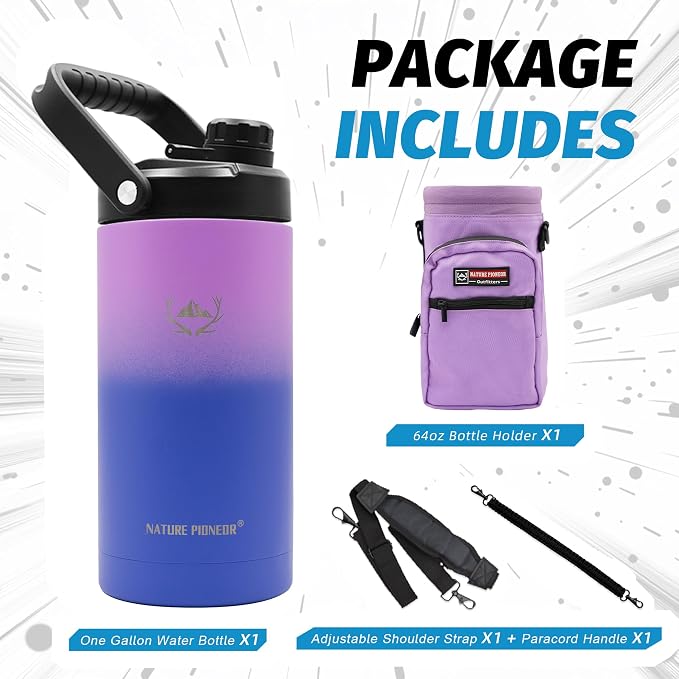 NATURE PIONEOR 64 oz Insulated Water Bottle Jug with Carrier Bag | 18/8 Food-grade Stainless Steel, Double Vacuum Insulation, Wide-Mouth, Straw & Spout Lid, Strap, Camping, Hiking, Gym, Work - Image 8