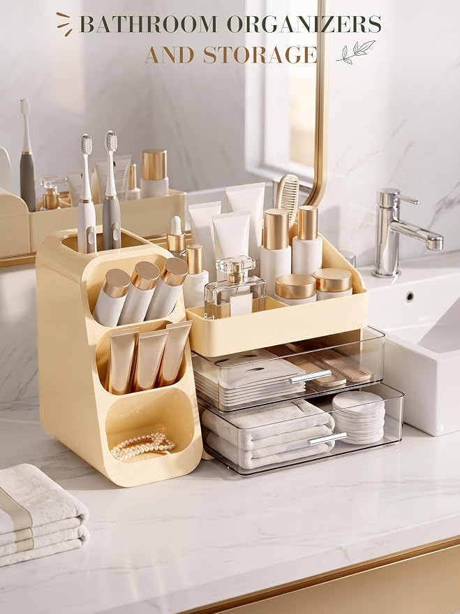 Large Makeup Organizer Countertop Skincare Organizers, Spacious Cosmetic Display Case for Vanity Organizers Storage, Waterproof Make Up Organizer for Bathroom, Birthday Gifts for Women, Cream - Image 5