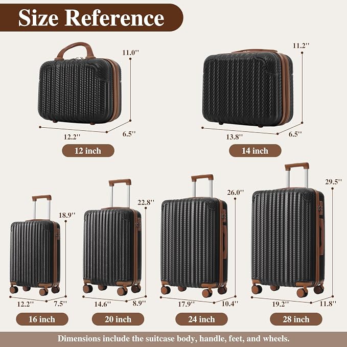 Black Brown 6 Piece Luggage Set Hard Shell - Lightweight Checked Suitcases with Spinner Wheels and Cosmetic Cases for Family Travel, Durable Carry On Luggage Sets with Lock for Women and Men - Image 2