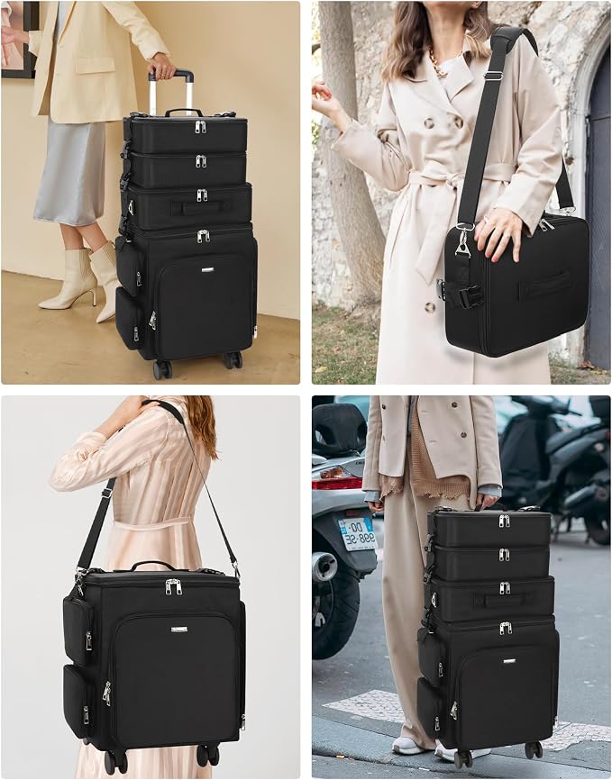 Relavel Rolling Makeup Case, 4 in 1 Hairstylist Traveling Bag Cosmetology Case on Wheels Large Hair Tools Cosmetics Train Case Makeup Artist Storage Organizer Trolley Suitcase with 360° Swivel Wheels - Image 7