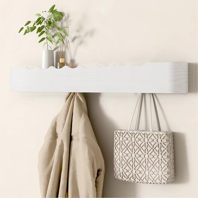 Wall Mounted Coat Rack with Shelf, Wooden Entryway Organizer with Hidden Metal Hooks for Hanging Coats Bags Keys, Modern Floating Shelf for Hallway Bathroom by VERASCOT