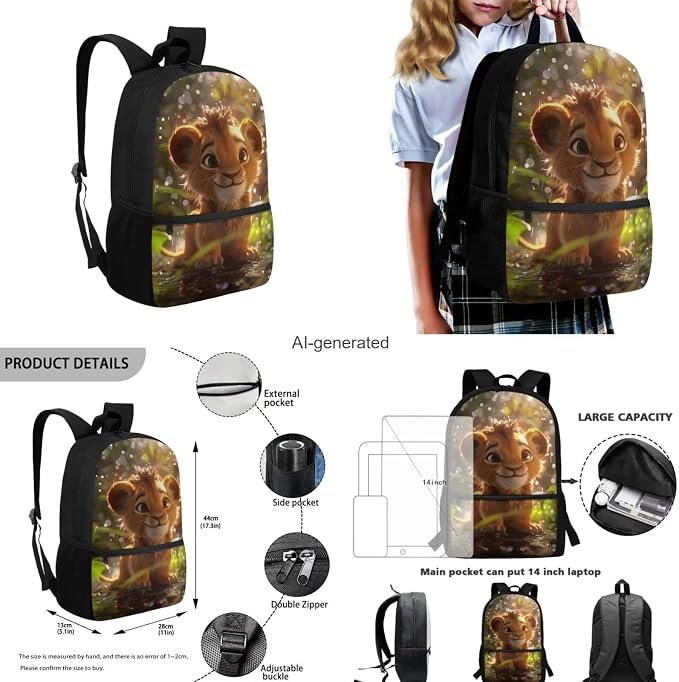 Lion Backpack for Kids Girls Backpack with Lunch Box Water Bottle Holder and Soft Pencil Pouch 4PCS Set Cute Bookbag with Front Pocket 17 inch Large School Bag for Boys Back to School Supplies - Image 3