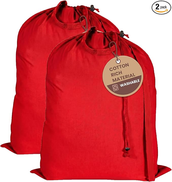 LFH Home Cotton Rich Large Premium Canvas Laundry Bag, Heavy Duty Washable Laundry Hamper with Drawstring & Handles, Multi-Use Clothes Storage for Home, Travel & College, 28"x36" (Pack of 2) - Red by LFHHomePrivateLimited