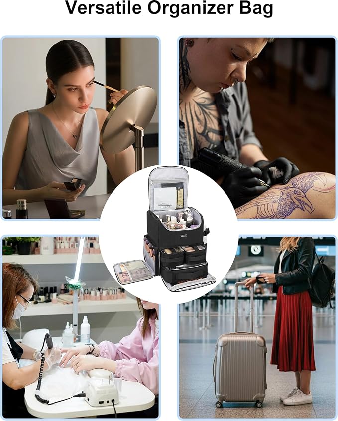 Relavel Makeup Backpack Large Makeup Bag with 3 Clear Set Bags, Dual Layer Professional Cosmetic Organizer Travel Train Case Makeup Artist Kit with Adjustable Dividers & Easy to Clean Lining, Black - Image 8