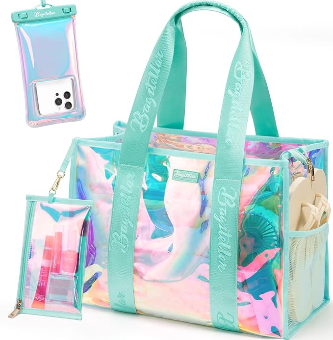 Bagstellar Iridescent Beach Bag, Jelly Tote Bag with Phone Pouch Makeup Bag | Large Beach Bags Waterproof Sandproof, Zipper Beach Tote Clear Pool Swim Boat Bag for Women Summer Travel Cruise Essentials by Bagstellar
