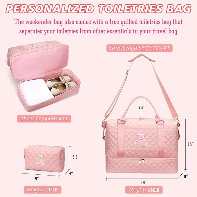 Girl Gift-Women Birthday Gifts-Gifts for Teenage Girls Initial Travel Duffle Bag Quilted Weekender Overnight with Cosmetic Bag, Gym Bag with Shoe Compartment Personalized Bag, Pink A - Image 7