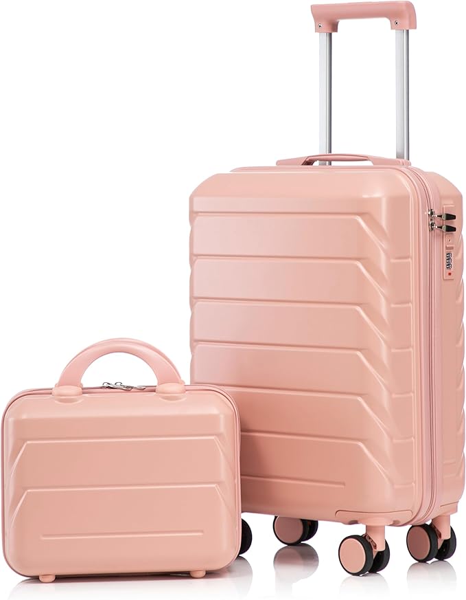 GDFStudio 14/20 Inch 2 Piece Luggage Set with Cosmetic Bag,ABS Hard Shell Spinner Suitcase with Combination Lock,360° Silent Wheels,Retractable Handle, Carry On Travel Luggage with Vanity Case,Pink by GDFStudio