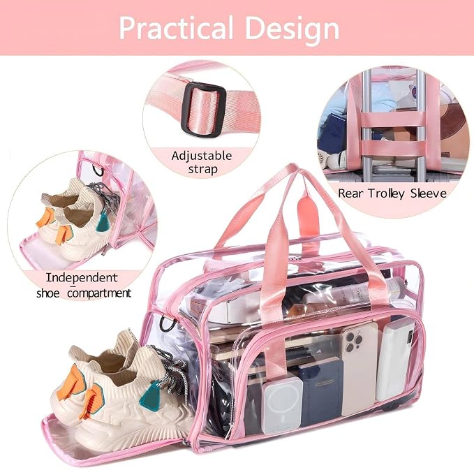Clear Duffle Bag for Women with Anime Pins Display & Shoe Compartment, Waterproof and Convertible Crossbody for Anime Conventions, Stadium Events, Yoga, Travel & Gym (pink) - Image 3