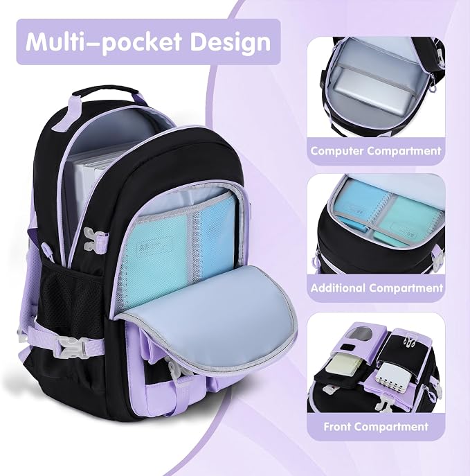 ACESAK Backpack for Girls - Bookbag Backpacks Schoolbag for Girls Kids Teen Women Casual Travel Daypacks - School Bag Elementary Middle School College Cute Backpack with Lunch Box (Purple Black) - Image 2