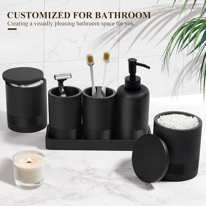 Bathroom Accessories Set, 6-Piece Bathroom Accessory Set, Toothbrush Holders Set, Soap Dispenser, Vanity Tray, Tumbler, Cotton Swab Jars, Bathroom Organizer for Modern Bathrooms(Matte Black) - Image 3