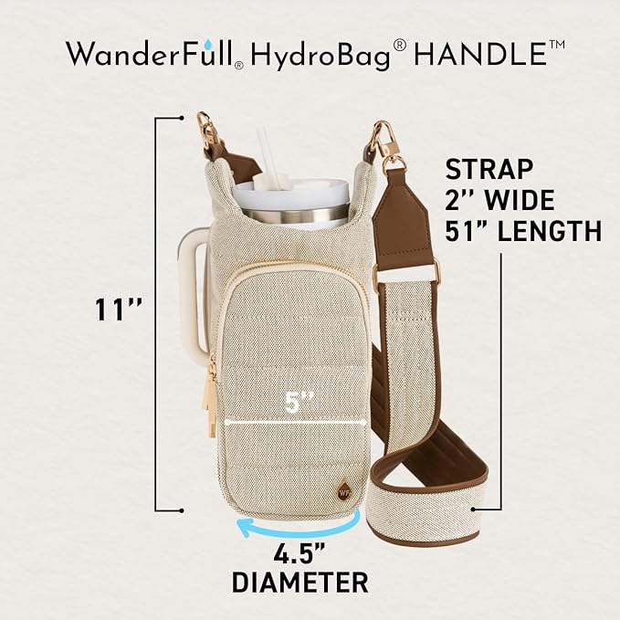 WanderFull Original HydroBag HANDLE®, Zipper for Handle, 40 oz Water Bottle Holder w/Strap, Mother’s Day Gift, Crossbody Carrier w/Phone Pocket - Black Matte w/Vegan Leather Strap - Image 3