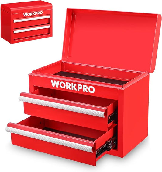 WORKPRO Metal Mini Tool Box with 2 Drawers and Top Storage | Cold Rolled Steel Toolbox, Ball Bearing Slides, PVC Drawer Liners, PP Feet Pads, Durable Storage by WORKPRO